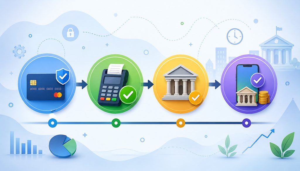 Payment authorization, capture, settlement, and bank display stages